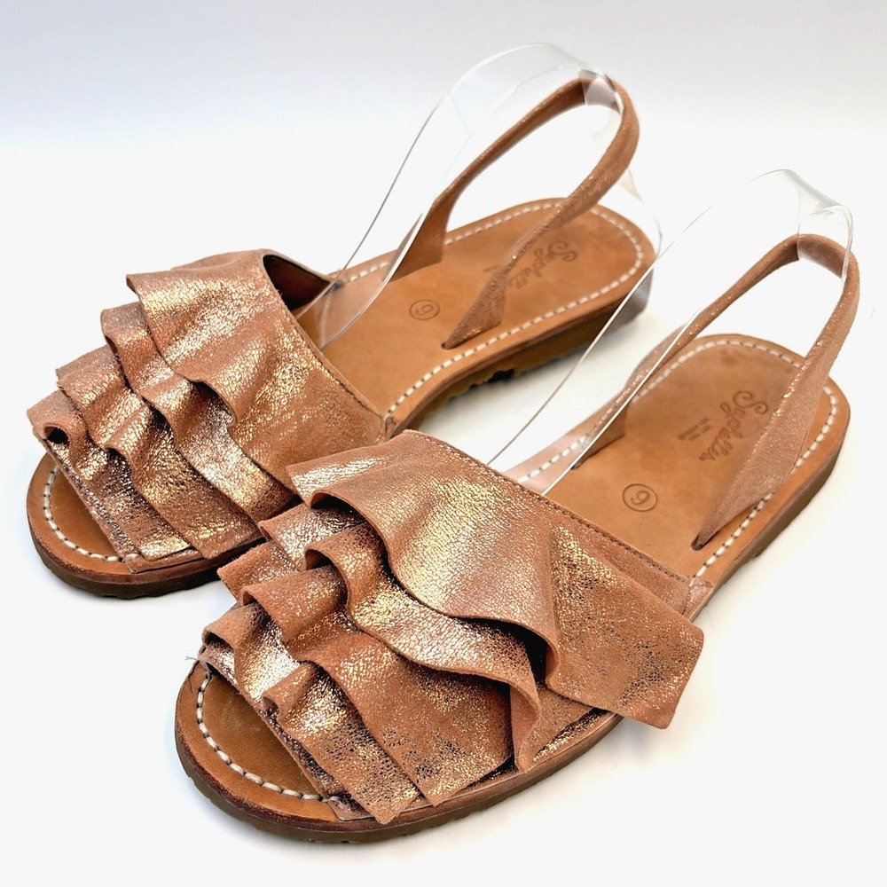 Seychelles Rose Gold Frill Metallic Leather Sandals Summer Slip On Flats Size 9 - Picture 2 of 14